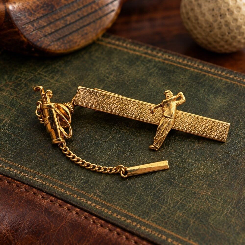 Stratton England Vintage Golfer Tie Clip Gold Tone Golf Bag Chain T-Bar Patent